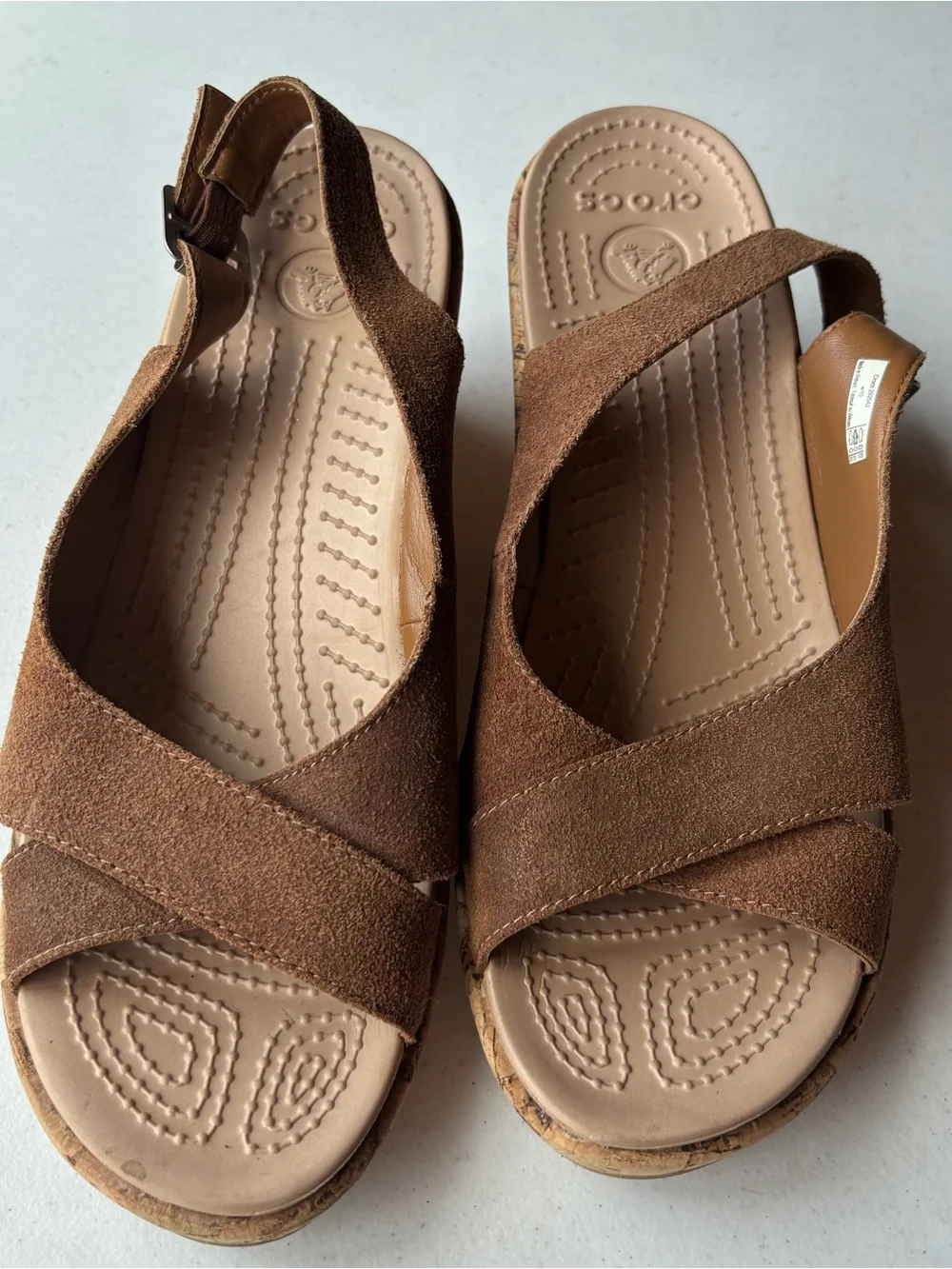 Crocs A-Leigh Leather Suede Wedge Sandals WMN SZ 10 Brown Cork Slingback 202042